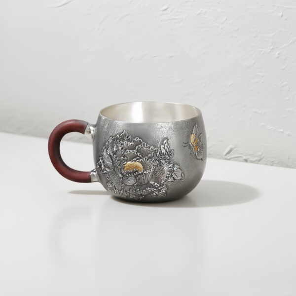 999 Pure Silver Cup - Hand-Engraved Peony Flower Design