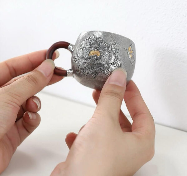 999 Pure Silver Cup - Hand-Engraved Peony Flower Design