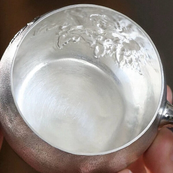 999 Pure Silver Cup - Hand-Engraved Peony Flower Design