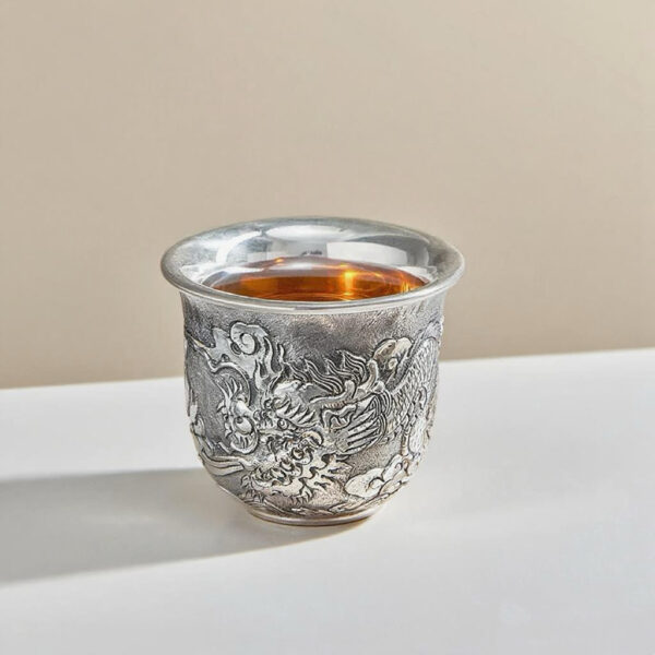 Dragon Engraved Silver Cup-999 Pure Silver, Double-Wall Insulated