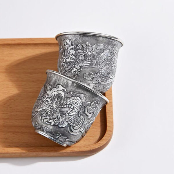 Dragon Engraved Silver Cup-999 Pure Silver, Double-Wall Insulated